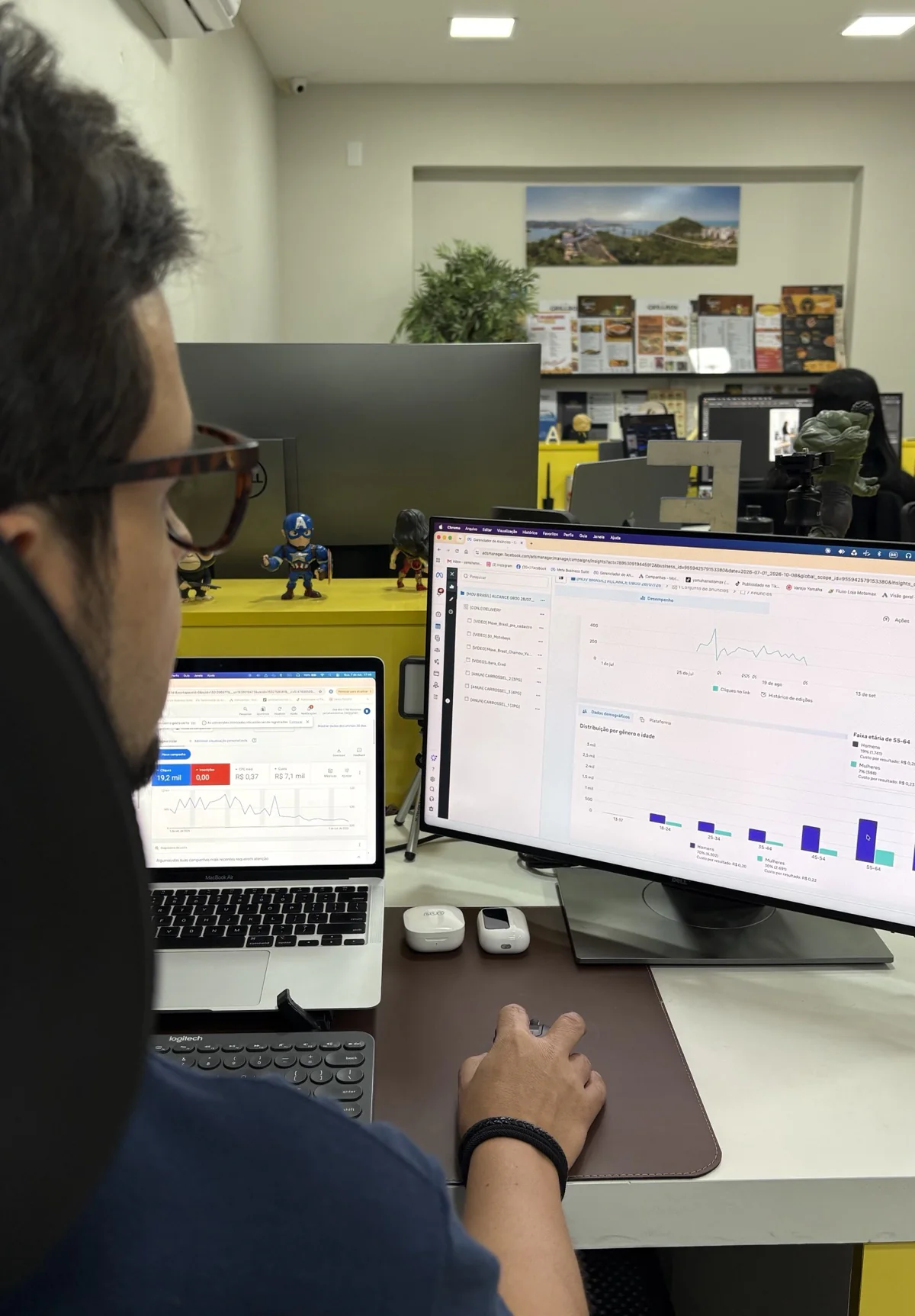 Relatório de campanhas de tráfego pago aberto num computador da Pixel
