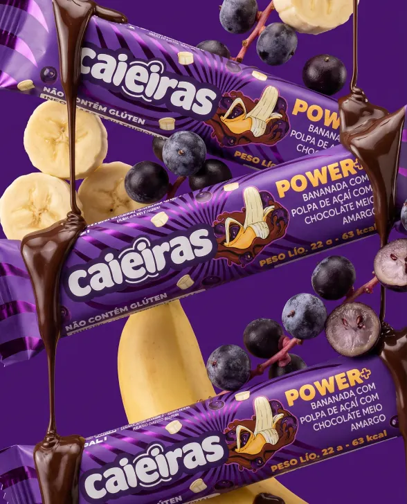 Barras Caieiras Power de banana com açaí cobertas de chocolate