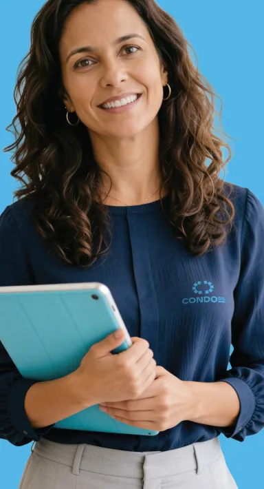 Profissional com a camisa da Condo55 segurando um tablet