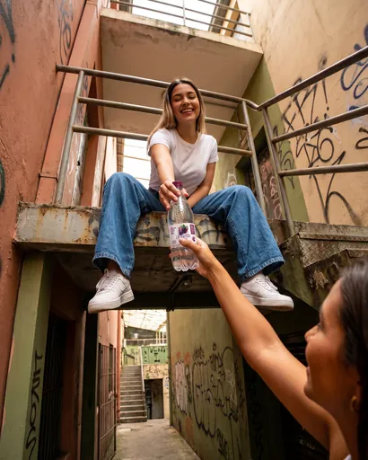 Post da La Priori com duas amigas dividindo uma água saborizada numa escadaria