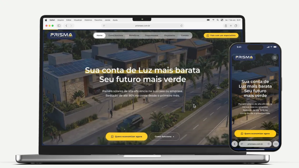 Sites da Prisma, da Passos Costa e da GTTAM apresentados em notebook e celular